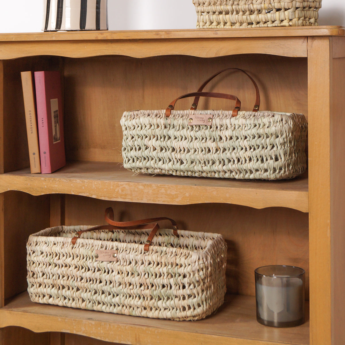 Panier rectangulaire en feuilles de palmier Anses cuir