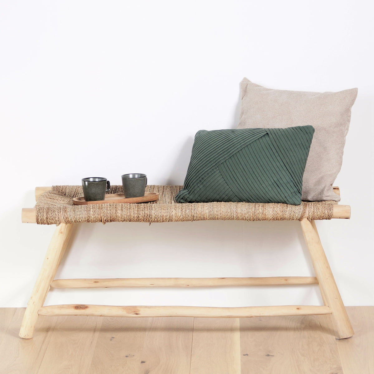 Banc ethnique en bois et tressage naturel 100cm