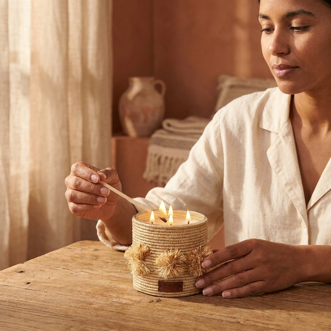 Bougie parfumée en raphia avec pompons - Senteur ambre