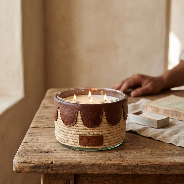 Bougie parfumée en raphia avec cuir - Senteur musc