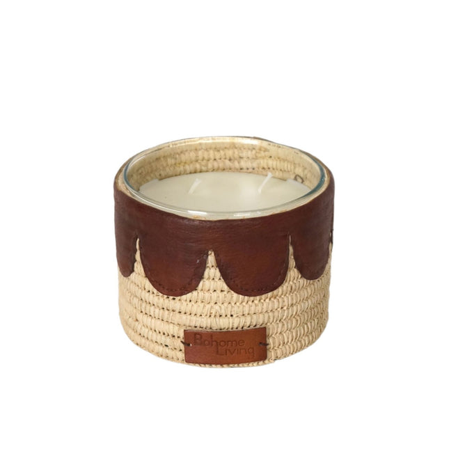 Bougie parfumée en raphia avec cuir - Senteur musc