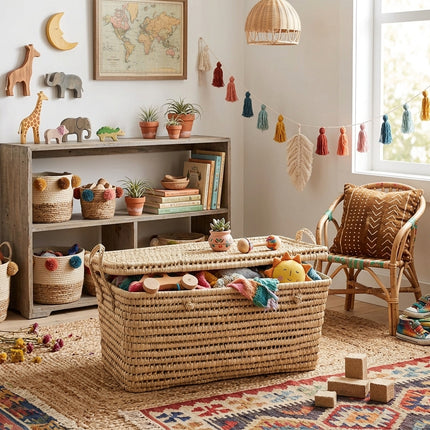 Coffre à jouets en osier dans une salle de jeux