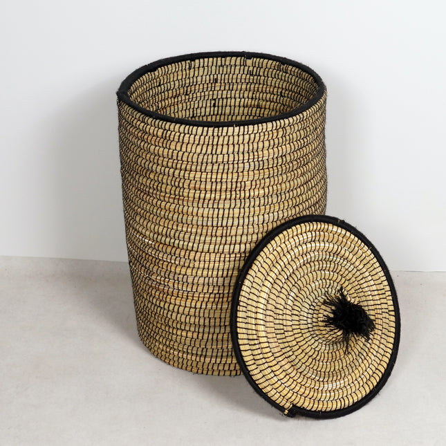 Panier de rangement avec couvercle - pompon noir