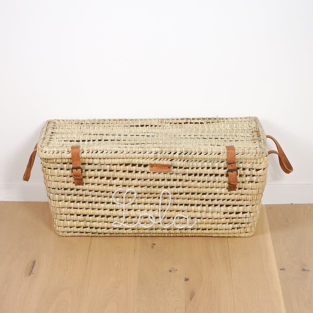 Malle de rangement en feuilles de palmier et cuir 80cm - Personnalisable