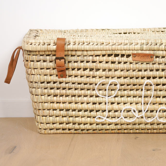 Malle de rangement en feuilles de palmier et cuir 60cm - Personnalisable
