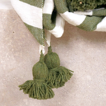Plaid à pompons blanc rayures vertes