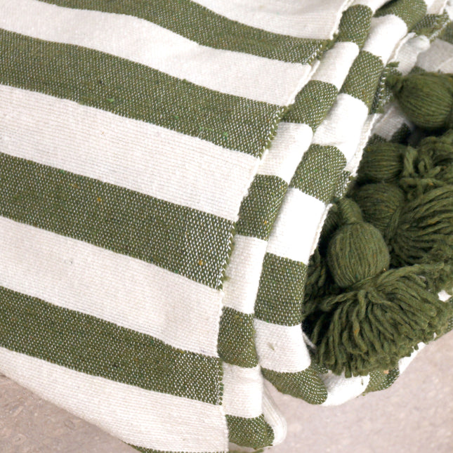 Plaid à pompons blanc rayures vertes