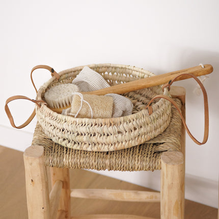 Panier rond plat en feuilles de palmier - Anses cuir