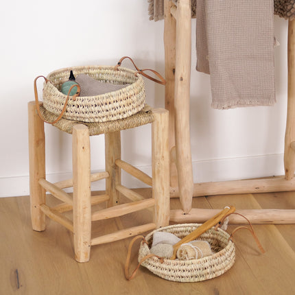Panier rond plat en feuilles de palmier - Anses cuir