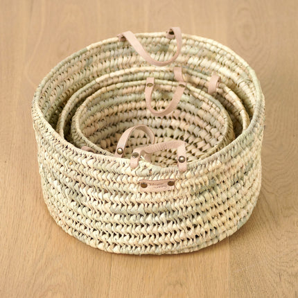 Panier rond plat en feuilles de palmier - Anses cuir