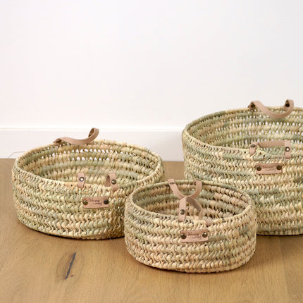 Panier rond plat en feuilles de palmier - Anses cuir