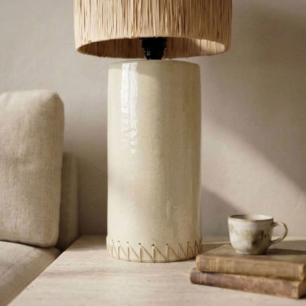 Pied de lampe en terre cuite émaillée - Ecru - Finition en raphia