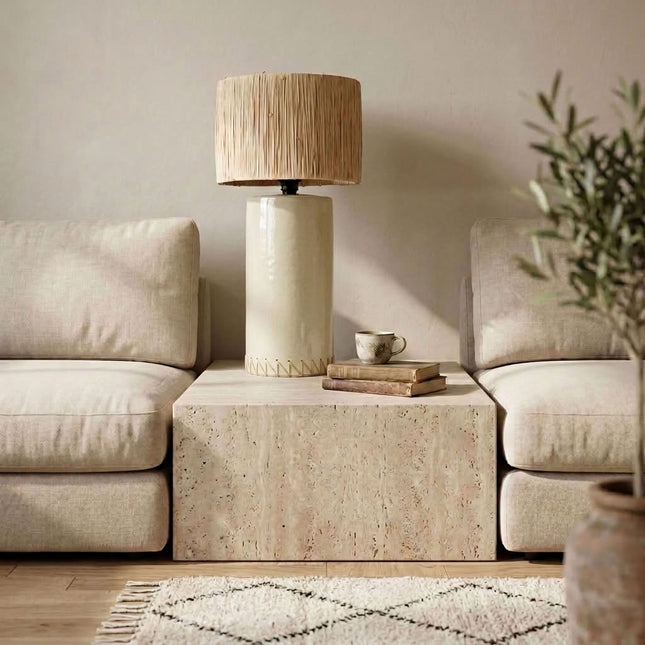 Pied de lampe en terre cuite émaillée - Ecru - Finition en raphia