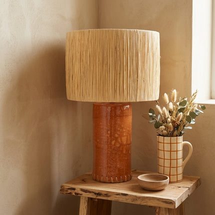 Pied de lampe en terre cuite émaillée - Finition en raphia