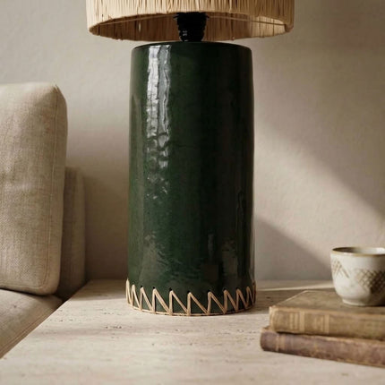 Pied de lampe en terre cuite émaillée - Vert - Finition en raphia
