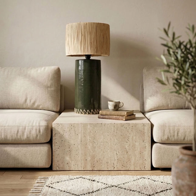 Pied de lampe en terre cuite émaillée - Vert - Finition en raphia