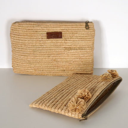 Pochette pour femme en raphia avec pompons