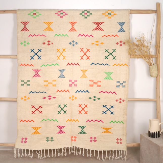 Tapis fin berbère Kilim 250 x 140 cm - Symboles berbères multicolores