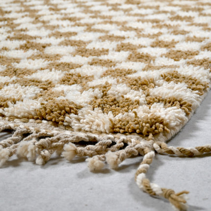 Tapis Berbère en laine damier Camel et blanc - 140 x 270cm