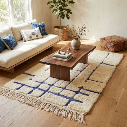 Tapis Béni Ouarain 144 x 250cm - Géométrique bleu Majorelle