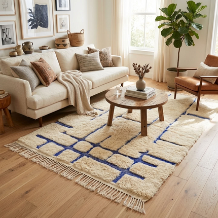 Tapis Béni Ouarain 144 x 250cm - Géométrique bleu Majorelle
