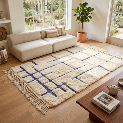 Tapis Béni Ouarain 144 x 250cm - Géométrique bleu Majorelle
