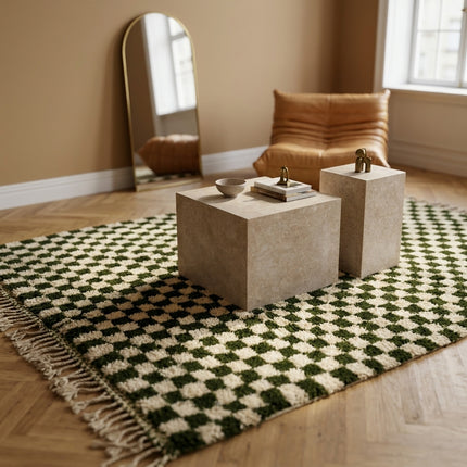 Tapis Berbère en laine Damier vert et blanc - 150 x 245cm