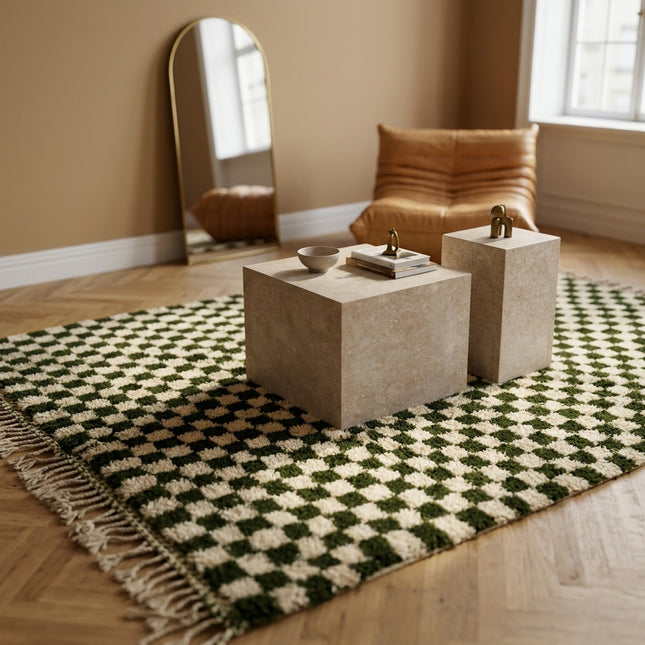 Tapis Berbère en laine Damier vert et blanc - 150 x 245cm
