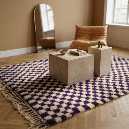 Tapis Berbère en laine damier Violet et blanc - 150 x 270cm