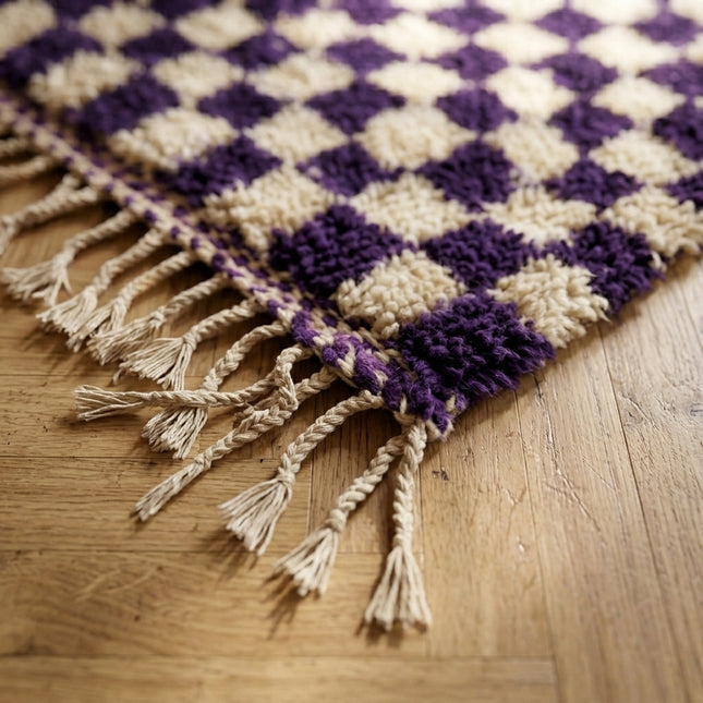Tapis Berbère en laine damier Violet et blanc - 150 x 270cm