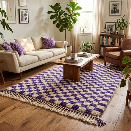 Tapis Berbère en laine damier Violet et blanc - 150 x 270cm