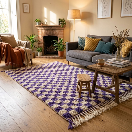 Tapis Berbère en laine damier Violet et blanc - 150 x 270cm