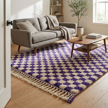Tapis Berbère en laine damier Violet et blanc - 150 x 270cm