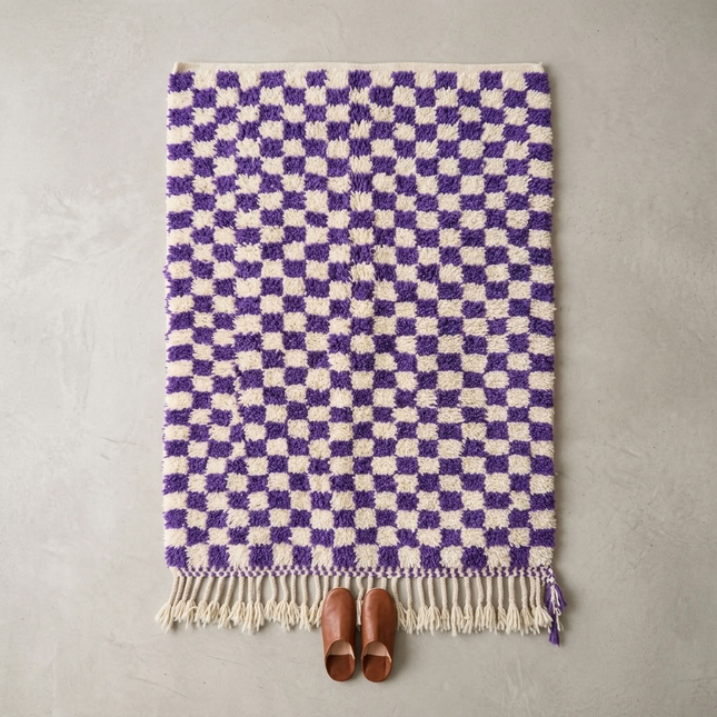 Tapis Berbère en laine damier Violet et blanc - 150 x 270cm
