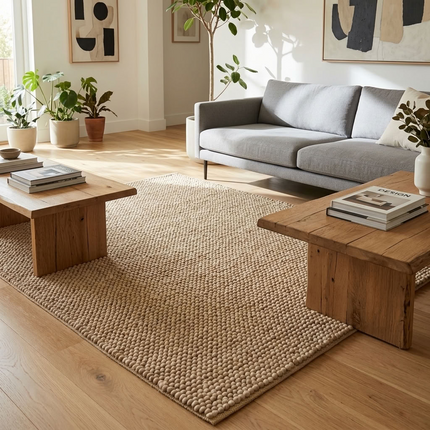 Tapis boule de laine 150 x 255cm Tissé main - Beige