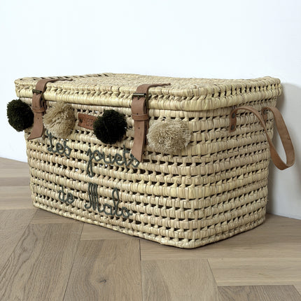 Malle de rangement en feuilles de palmier et cuir 60cm - Personnalisable