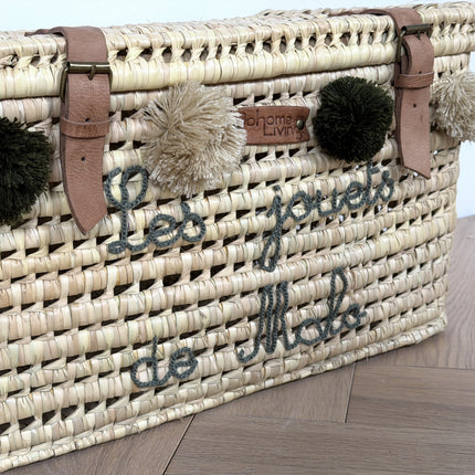 Malle de rangement en feuilles de palmier et cuir 60cm - Personnalisable