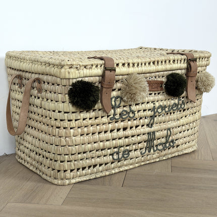 Malle de rangement en feuilles de palmier et cuir 60cm - Personnalisable