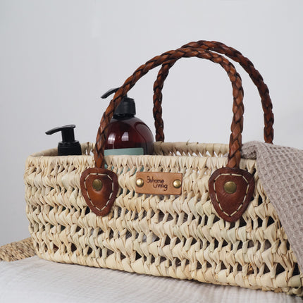 Panier rectangulaire en feuilles de palmier - Anses cuir