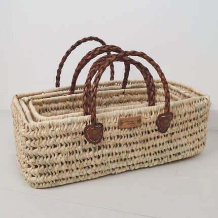 Panier rectangulaire en feuilles de palmier - Anses cuir