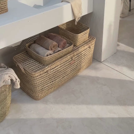 Grand coffre de rangement en osier pour salle de bain - Artisanat marocain