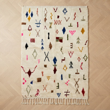 Tapis berbère Azilal Multi-symboles 240 × 158 cm - Dessins multicolores