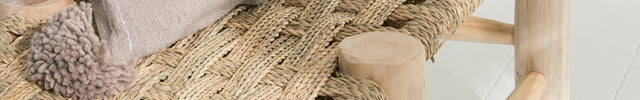 Banc marocain 6 pieds en bois et tressage naturel 120cm