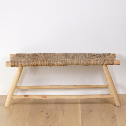 Banc ethnique en bois et tressage naturel 100cm