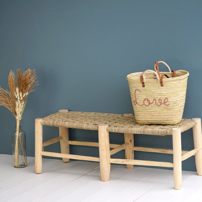 Banc marocain 6 pieds en bois et tressage naturel 120cm