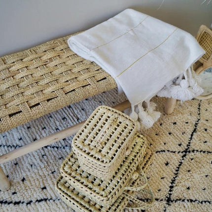 Banc marocain en bois et tressage naturel 100cm