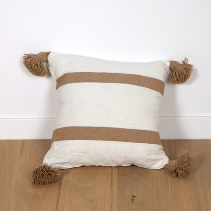 Coussin à pompons écru petites rayures camel