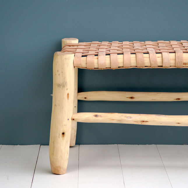Banc marocain en bois et cuir 80cm