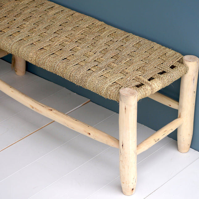 Banc marocain en bois et tressage naturel 100cm