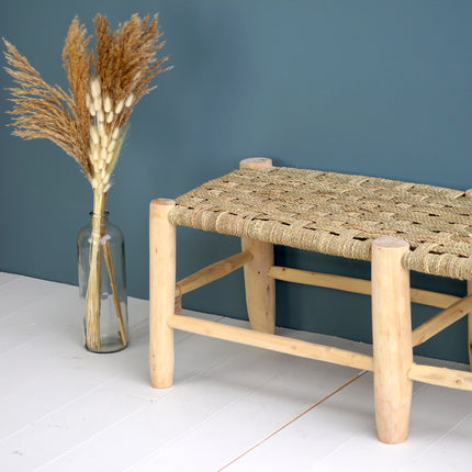 Banc marocain 6 pieds en bois et tressage naturel 120cm